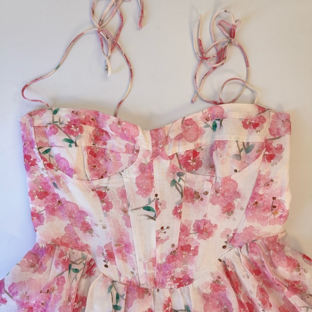 Bardot Elsie Floral Corset Mini Dress Pink Ramie Tie Strap Size 8 - Picture 6 of 16